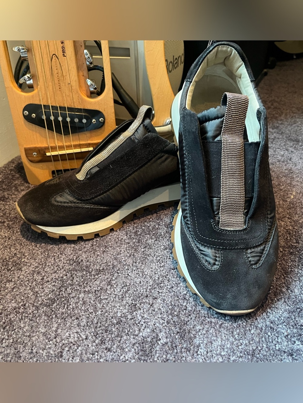 Brunello Cucinelli black nylon and suede slip on sneakers with Rose Gold Monilli